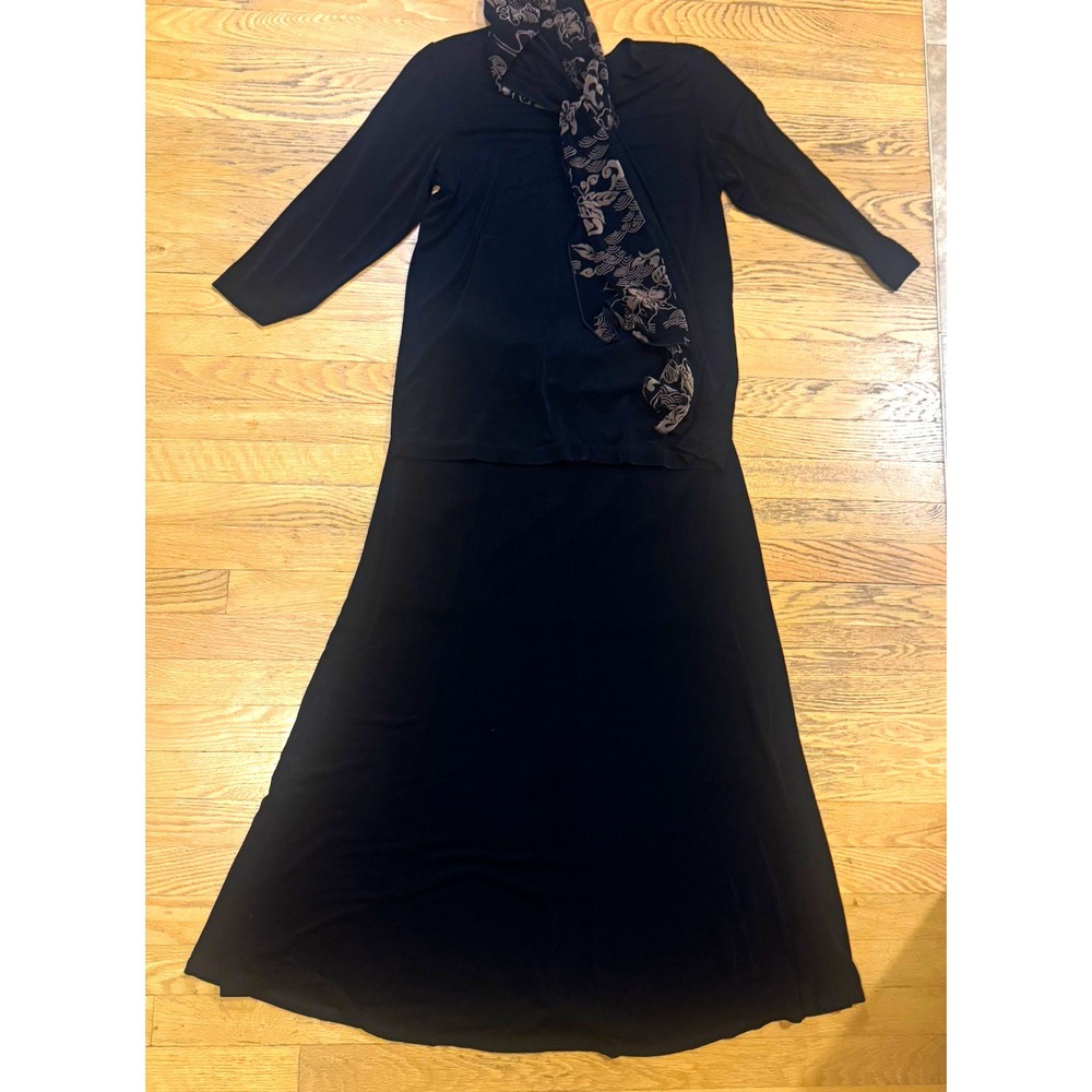 Citiknit Black Match Set V-Neck Top Long Skirt Scarf Outfit Size Medium